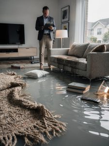 perito de seguro en un piso inundado
